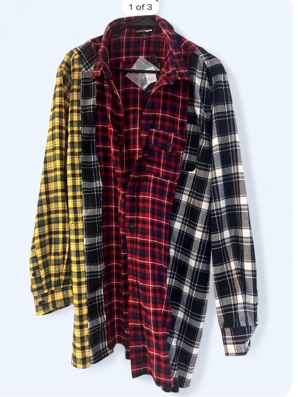 Fashion Nova Three-Tone Plaid Distressed Flannel Shirt - Red/Black/Yellow